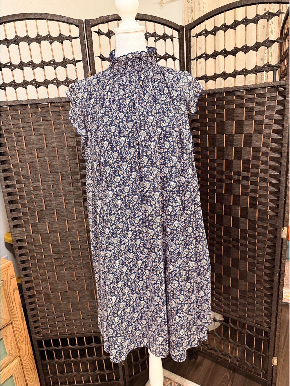 Code X Mode Blue Floral Smocked High Neck Ruffle Midi Maxi Dress Pockets